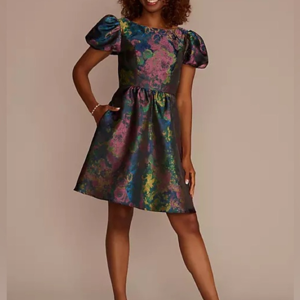 NWT DB STUDIO short puff sleeve open back brocade a-line multi color blu…